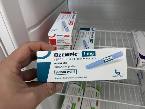 stock image Prague,Czech republic- June 2 2024: Ozempic box. Czech version of ozempic medication. Diabetes treatment in Czech republic. Package of semaglutide. Diabetes drug.Sometimes abused for weight loss