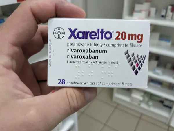 stock image Prague,Czech republic-April 21 2024. Xarelto, medication to reduce stroke and blood clot by Bayer Healthcare.Rivaroxaban active substance