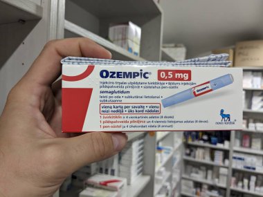 Prague,Czech republic-January 4 2024: Ozempic box. Czech version of ozempic medication. Diabetes treatment in EU. Package of semaglutide. Diabetes drug.Sometimes abused for weight loss.Novo Nordisk producer from Denmark clipart