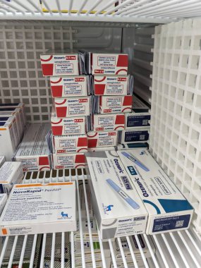 Prag, Çek Cumhuriyeti-4 Ocak 2024: Ozempic kutusu. Ozempik ilacın Çek versiyonu. AB 'de diyabet tedavisi. Bir paket semaglutid. Diyabet ilacı. Bazen kilo vermek için kullanılıyor. Danimarkalı Novo Nordisk yapımcısı.