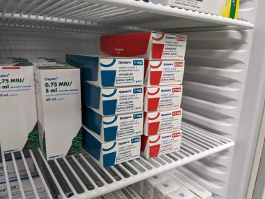 Prag, Çek Cumhuriyeti-4 Ocak 2024: Ozempic kutusu. Ozempik ilacın Çek versiyonu. AB 'de diyabet tedavisi. Bir paket semaglutid. Diyabet ilacı. Bazen kilo vermek için kullanılıyor. Danimarkalı Novo Nordisk yapımcısı.