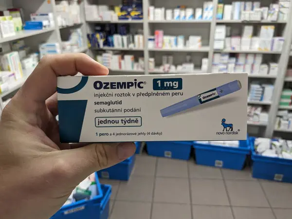 stock image Prague,Czech republic-January 4 2024: Ozempic box. Czech version of ozempic medication. Diabetes treatment in Czech republic. Package of semaglutide. Diabetes drug.Sometimes abused for weight loss,producer Novo Nordisk