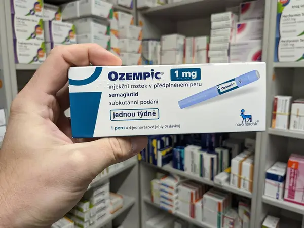 stock image Prague,Czech republic-January 4 2024: Ozempic box. Czech version of ozempic medication. Diabetes treatment in Czech republic. Package of semaglutide. Diabetes drug.Sometimes abused for weight loss,producer Novo Nordisk