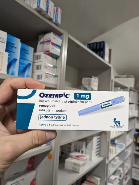 stock image Prague,Czech republic-January 4 2024: Ozempic box. Czech version of ozempic medication. Diabetes treatment in EU. Package of semaglutide. Diabetes drug.Sometimes abused for weight loss.Novo Nordisk producer from Denmark