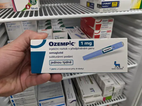 stock image Prague,Czech republic-January 4 2024: Ozempic box. Czech version of ozempic medication. Diabetes treatment in EU. Package of semaglutide. Diabetes drug.Sometimes abused for weight loss.Novo Nordisk producer from Denmark