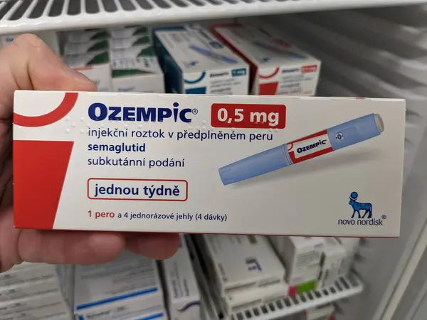 stock image Prague,Czech republic-January 4 2024: Ozempic box. Czech version of ozempic medication. Diabetes treatment in EU. Package of semaglutide. Diabetes drug.Sometimes abused for weight loss.Novo Nordisk producer from Denmark