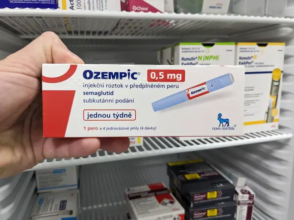 stock image Prague,Czech republic-January 4 2024: Ozempic box. Czech version of ozempic medication. Diabetes treatment in EU. Package of semaglutide. Diabetes drug.Sometimes abused for weight loss.Novo Nordisk producer from Denmark