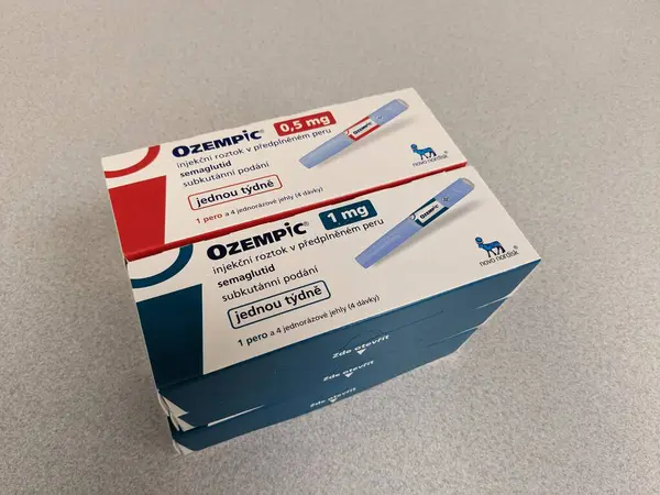 stock image Prague,Czech republic-January 4 2024: Ozempic box. Czech version of ozempic medication. Diabetes treatment in EU. Package of semaglutide. Diabetes drug.Sometimes abused for weight loss.Novo Nordisk producer from Denmark