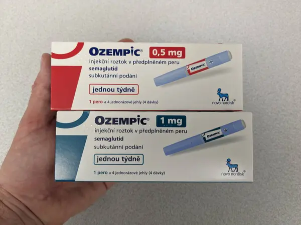 Stock image Prague,Czech republic-January 4 2024: Ozempic box. Box of ozempic medication. Diabetes treatment in Czech republic. Package of semaglutide. Diabetes drug.Sometimes abused for weight loss