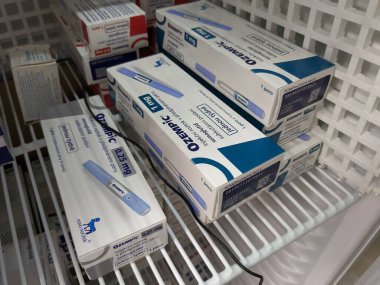 Brno, Çek Cumhuriyeti-5 Ocak 2025: Ozempic ilaç kutusu NORDISK. Çek Cumhuriyeti 'nde diyabet tedavisi. Bir paket semaglutid. Diyabet ilacı. Bazen kilo vermek için kullanılıyor.