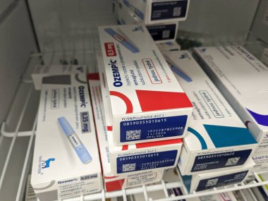 Brno, Çek Cumhuriyeti-5 Ocak 2025: Ozempic ilaç kutusu NORDISK. Çek Cumhuriyeti 'nde diyabet tedavisi. Bir paket semaglutid. Diyabet ilacı. Bazen kilo vermek için kullanılıyor.