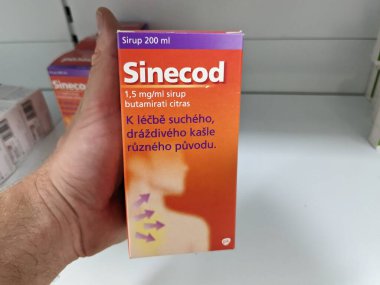 Prague, Czech Republic - July 9 2024: SINECOD box of medication with BUTAMIRATE active substance by NOVARTIS, used for treatment of dry cough and throat irritation. clipart