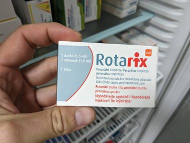 Prague, Czech Republic - July 10 2024: ROTARIX box of medication with ROTAVIRUS VACCINE active substance by GLAXOSMITHKLINE, used for prevention of rotavirus gastroenteritis in infants. clipart