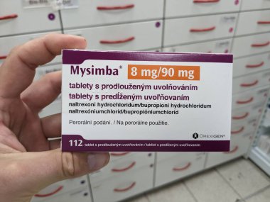 Prague,Czech Republic-May 9 2024:MYSIMBA by OREXIGEN with NALTREXONE and BUPROPION a prescription medication used to aid weight loss by reducing appetite and controlling food cravings in obese patient clipart