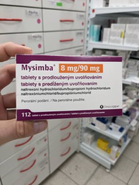 Prague,Czech Republic-May 9 2024:MYSIMBA by OREXIGEN with NALTREXONE and BUPROPION a prescription medication used to aid weight loss by reducing appetite and controlling food cravings in obese patient clipart