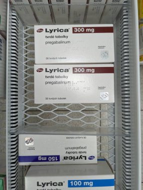 Prague, Czech Republic - August 28 2024: LYRICA box with PREGABALIN active substance by PFIZER, used for nerve pain, epilepsy, and anxiety disorders. clipart