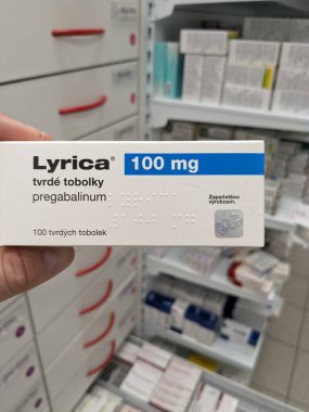 Prague, Czech Republic - August 28 2024: LYRICA box with PREGABALIN active substance by PFIZER, used for nerve pain, epilepsy, and anxiety disorders. clipart