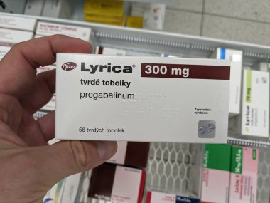 Prague, Czech Republic - August 28 2024: LYRICA box with PREGABALIN active substance by PFIZER, used for nerve pain, epilepsy, and anxiety disorders. clipart