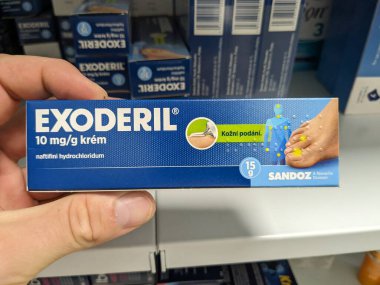 Prague, Czech Republic-August 16 2024:EXODERIL box with Naftifine by SANDOZ, used for treatment of fungal skin infections. clipart