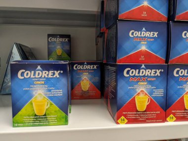 Prague, Czech Republic - August 28 2024: COLDREX MAX GRIP box with PARACETAMOL, PHENYLEPHRINE, and VITAMIN C active substances by GSK, used for cold and flu relief. clipart