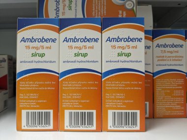 Prague, Czech Republic - July 9 2024: AMBROBENE box of medication with AMBROXOL active substance by TEVA, used for treatment of cough and respiratory infections. clipart