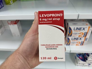 Prague, Czech Republic - July 10 2024: LEVOPRONT box of medication with LEVODROPROPIZINE active substance by DOMP, used for treatment of dry cough and respiratory health. clipart