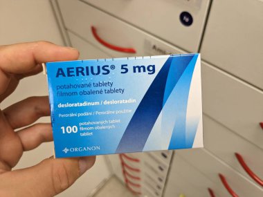 Prague,Czech Republic-October 9 2024:Aerius by MSD contains DESLORATADINE antihistamine used to relieve symptoms of allergic rhinitis, hay fever, and chronic urticaria, supporting allergy management clipart