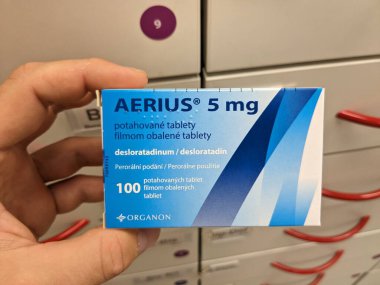 Prague,Czech Republic-October 9 2024:Aerius by MSD contains DESLORATADINE antihistamine used to relieve symptoms of allergic rhinitis, hay fever, and chronic urticaria, supporting allergy management clipart