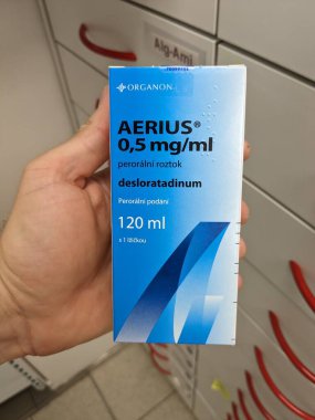 Prag, Çek Cumhuriyeti-9 Ekim 2024: MSD 'nin Aerius' u alerjik romatizma, saman nezlesi ve kronik ürtiker semptomlarını gidermek için kullanılan DESLORATADINE antihistamini içeriyor.