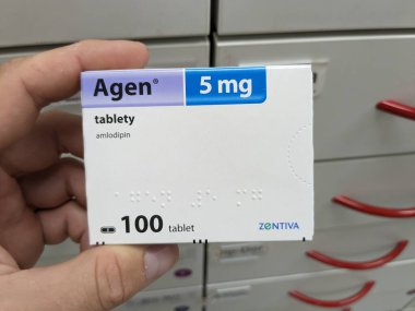 Prague,Czech Republic-December 6 2024: Agen by ZENTIVA contains AMLODIPINE, a calcium channel blocker used for treating hypertension and angina, improving heart health and reducing blood pressure. clipart