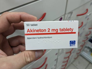 Prague,Czech Republic-December 6 2024:Akineton by SIT contains BIPERIDEN, used for treating Parkinsons disease and drug-induced extrapyramidal symptoms, improving motor control and quality of life. clipart