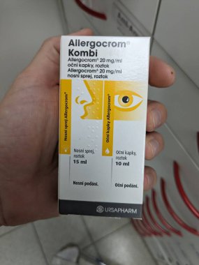 Prague,Czech Republic-October 9 2024: Allergo Crom Combi contains CROMOGLICIC ACID and other antihistamines, used for treating allergic conjunctivitis by preventing allergic reactions and relieving ey clipart