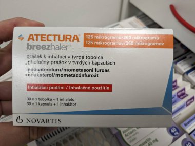 Prague,Czech Republic-August 7 2024: ATECTURA box of medication with INDACATEROL and MOMETASONE active substances by NOVARTIS,used for treatment of asthma,COPD clipart