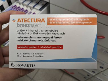 Prague,Czech Republic-August 7 2024: ATECTURA box of medication with INDACATEROL and MOMETASONE active substances by NOVARTIS,used for treatment of asthma,COPD clipart