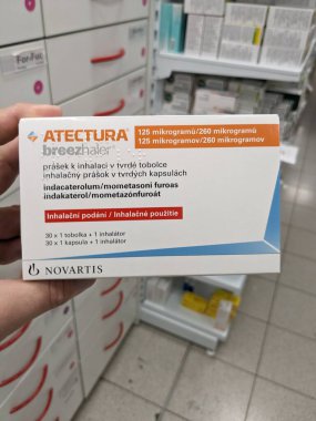 Prague,Czech Republic-August 7 2024: ATECTURA box of medication with INDACATEROL and MOMETASONE active substances by NOVARTIS,used for treatment of asthma,COPD clipart