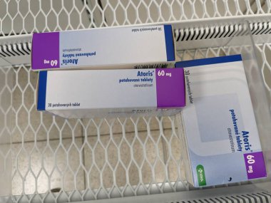 Prag, Çek Cumhuriyeti - 10 Temmuz 2024: ATORVASTATIN (ATORVASTATIN) aktif maddeyle dolu ATORIS kutusu, hiperlipidemi ve kardiyovasküler hastalıkların önlenmesi için kullanılır.