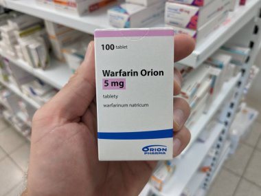 Prague,Czech republic-June 17 2024: WARFARIN ORION box of medication with Warfarin sodium active substance by Orion Corporation, used for treatment of Thrombosis, Stroke clipart