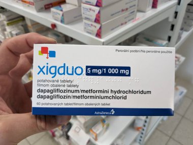 Prague, Czech Republic - July 10 2024: XIGDUO box of medication with DAPAGLIFLOZIN and METFORMIN active substances by ASTRAZENECA, used for treatment of type 2 diabetes and blood sugar control. clipart