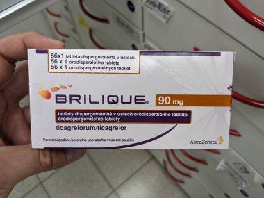 Prag, Çek Cumhuriyeti 23 Mayıs 2024: Eczane-Brilique-Ticagrelor aktif maddesi felç, kalp krizi, akut koroner sendromu ve diğer olayları önlemek için kullanılan bir ilaçtır..