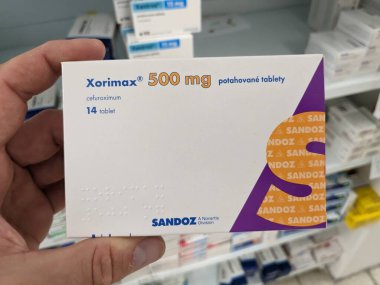 Prague, Czech Republic - July 9 2024: XORIMAX box of tablets with CEFUROXIME active substance by SANDOZ, used for treatment of bacterial infections. clipart