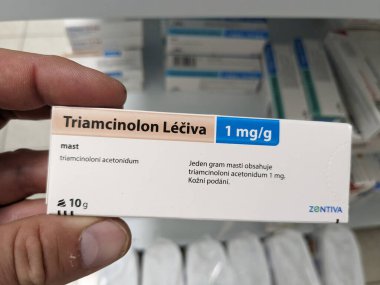 Prague, Czech Republic - July 9 2024: TRIAMCINOLON LECIVA box of tablets with TRIAMCINOLONE active substance by LECIVA, used for treatment of inflammation and allergies. clipart