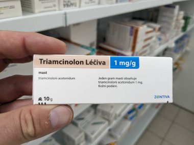 Prague, Czech Republic - July 9 2024: TRIAMCINOLON LECIVA box of tablets with TRIAMCINOLONE active substance by LECIVA, used for treatment of inflammation and allergies. clipart