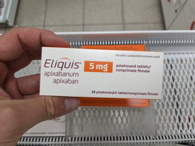 Prag, Çek Cumhuriyeti-17 Haziran 2024: Bristol-Myers Squibb tarafından Apixaban aktif maddesi ile ELIQUISbox, Venous tromboembolizm, Atrial fibrilasyon, Stroke önleme, DVT, PE