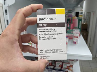 Prag, Çek Cumhuriyeti - 11 Ocak 2024: Diyabet ilacı (DM) veya eczane eczanesinde yüksek kan şekeri. Boehringer Ingelheim Empagliflozin bir antidiyabetik