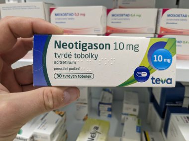 Prague,Czech Republic-August 10 2024: NEOTIGASON box of tablets with ACITRETIN active substance, used for treatment of psoriasis, severe skin disorders. clipart