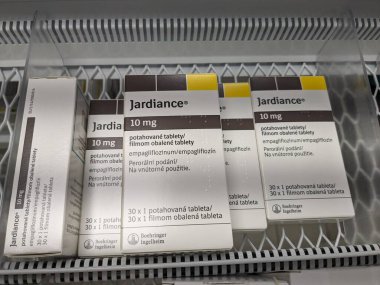 Prague,Czech republic-January 11 2024 :Jardiance box medicine for diabetes mellitus (DM)or high blood sugar in pharmacy drugstore.boehringer ingelheim Empagliflozin an antidiabetic clipart