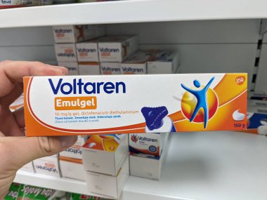 Prague, Czech Republic - July 10 2024: VOLTAREN FORTE box of medication with DICLOFENAC active substance by NOVARTIS, used for treatment of pain and inflammation in arthritis and muscle injuries. clipart