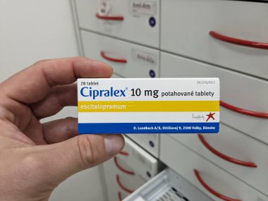 Prague, Czech Republic - June 28 2024: CIPRALEX box of medication with Escitalopram active substance by Lundbeck, used for treatment of depression, anxiety disorders. clipart