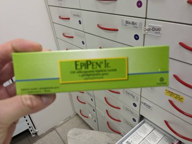 Prag, Çek Cumhuriyeti - 22 Kasım 2023: EpiPen Jr. Epinefrinyum ilacı. Çek Cumhuriyeti 'nde anafilaksi-şiddetli alerji reaksiyonu tedavisi. Uyuşturucu paketi.