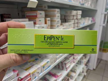 Prague,Czech republic- November 22 2023:EpiPen Jr. Epinephrinum medication. Anaphylaxis-severe allergy reaction treatment in Czech republic. Package of drug. clipart